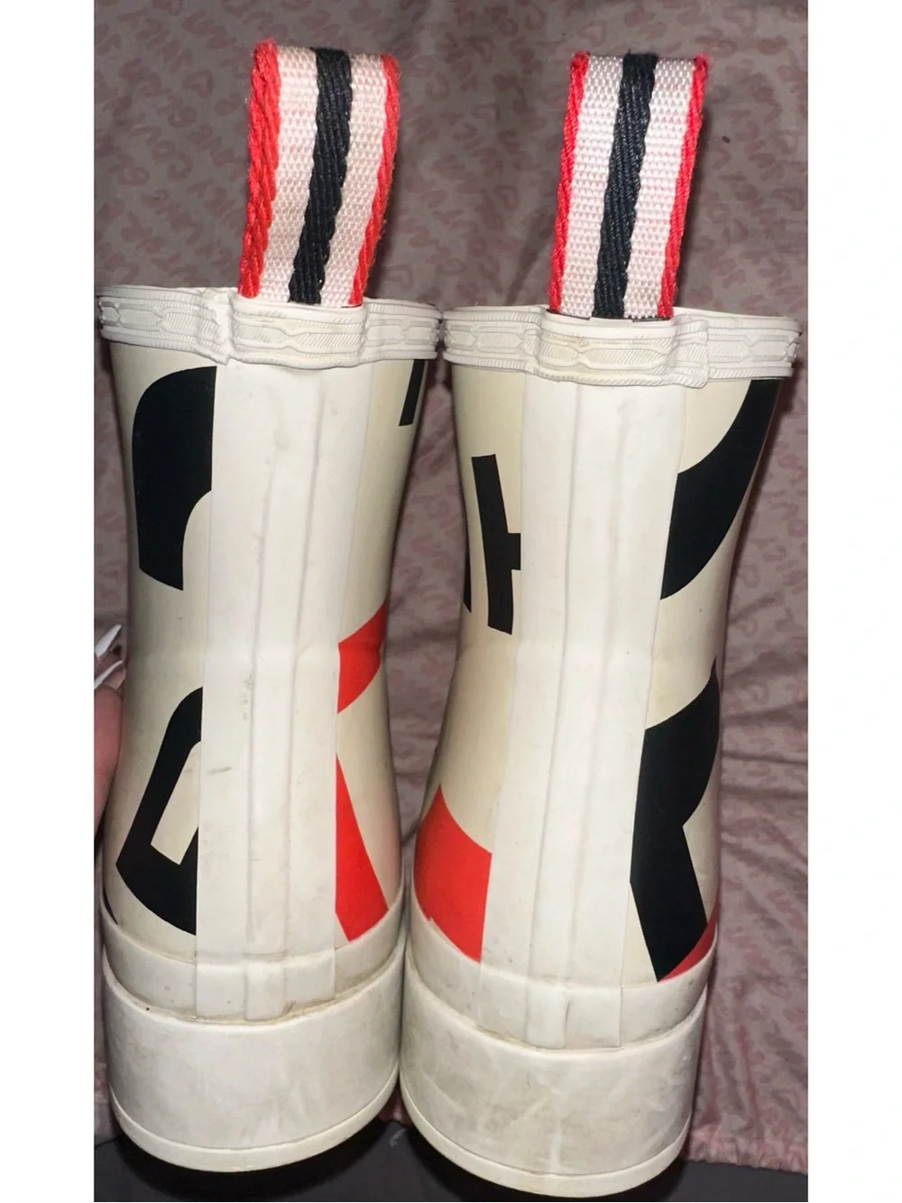 Sz 8.5 Hunter Original Play Exploded Logo Short Rain Boots - White/Red/Black